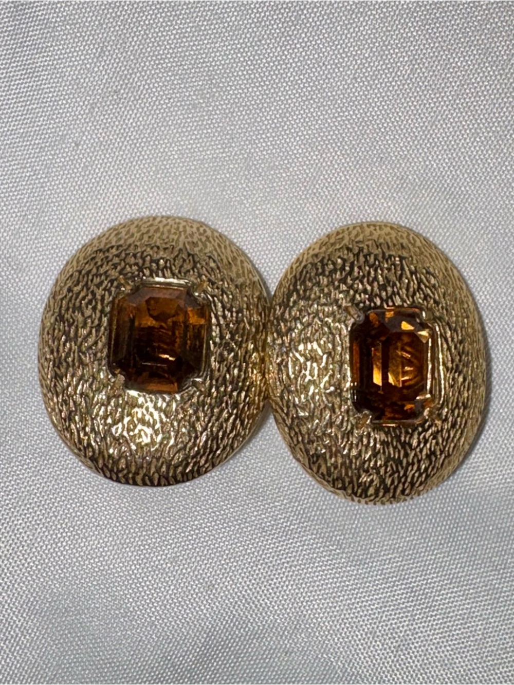 Vintage Castlecliff Gold Clip Earrings Topaz Rhinestone Signed 1970s / 1980s